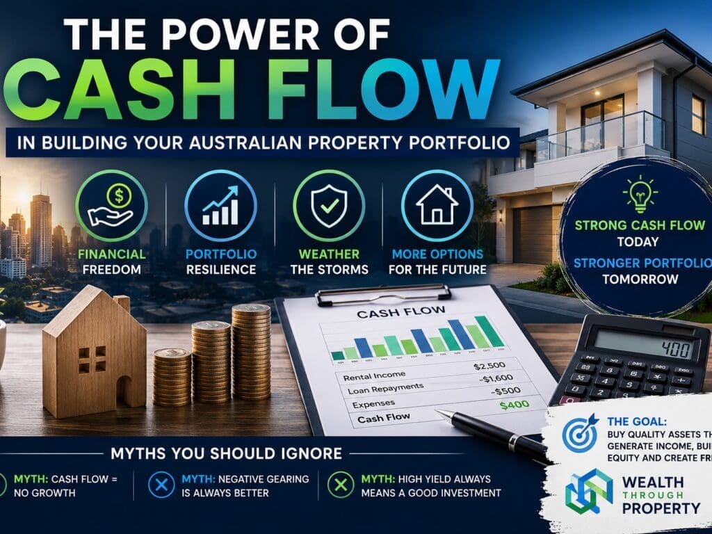 remium Wealth Through Property style image showing cash flow in Australian property investment, with rental income, expenses, portfolio resilience and long-term investment