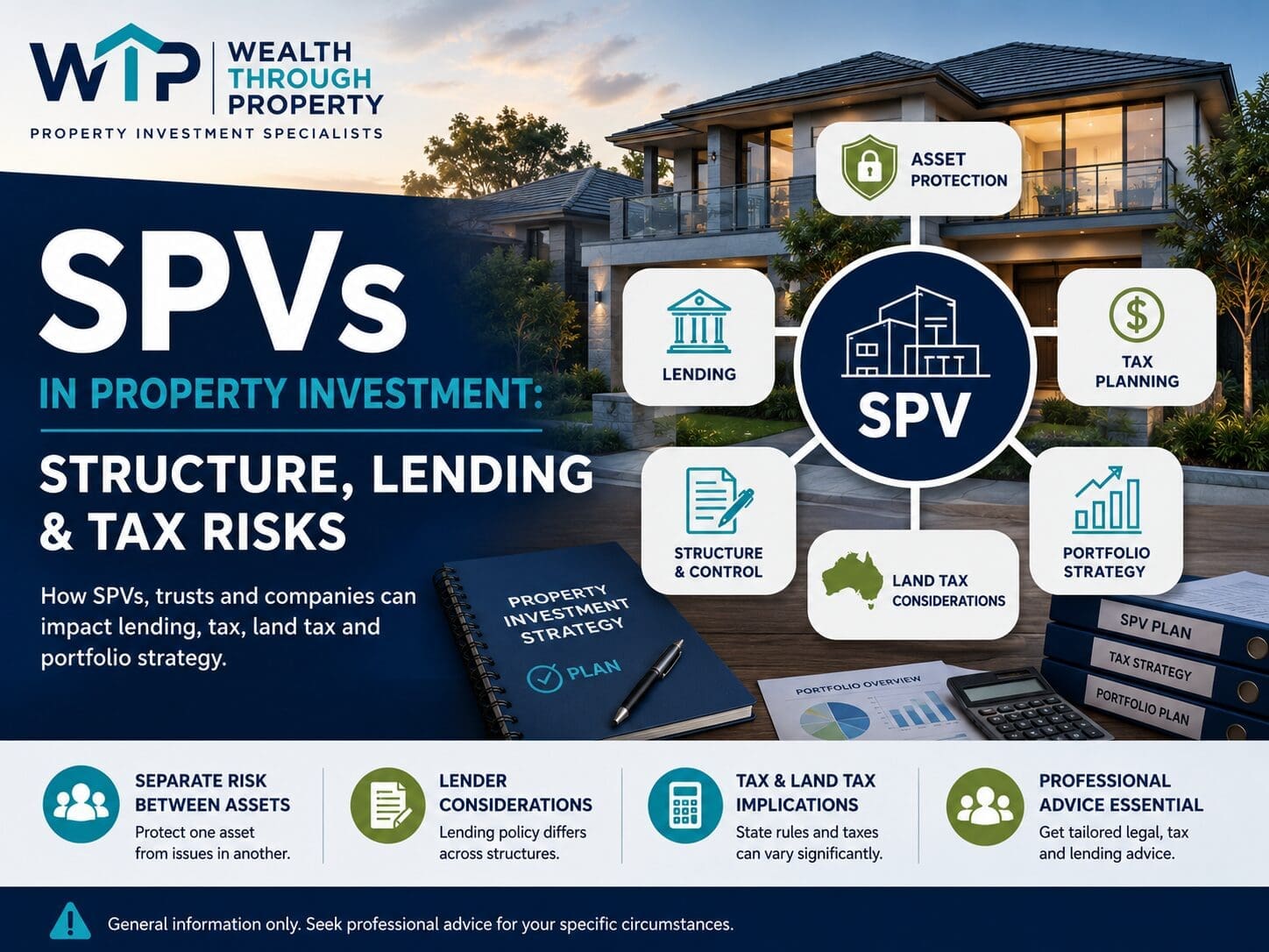 Property investment structure diagram showing SPV, trust, company, lending, tax and land tax planning concepts.