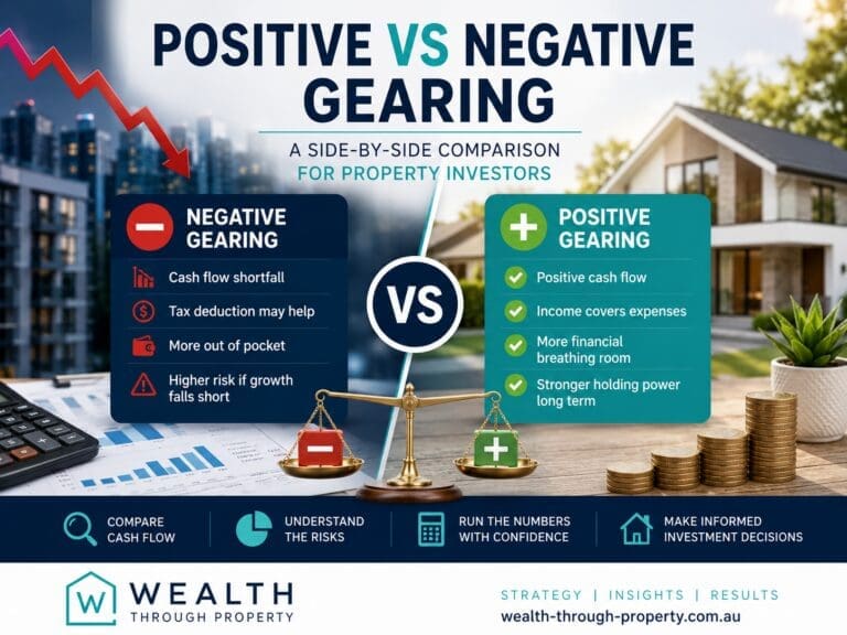 Positive vs negative gearing property comparison graphic showing investment property cash flow, tax and due diligence concepts.