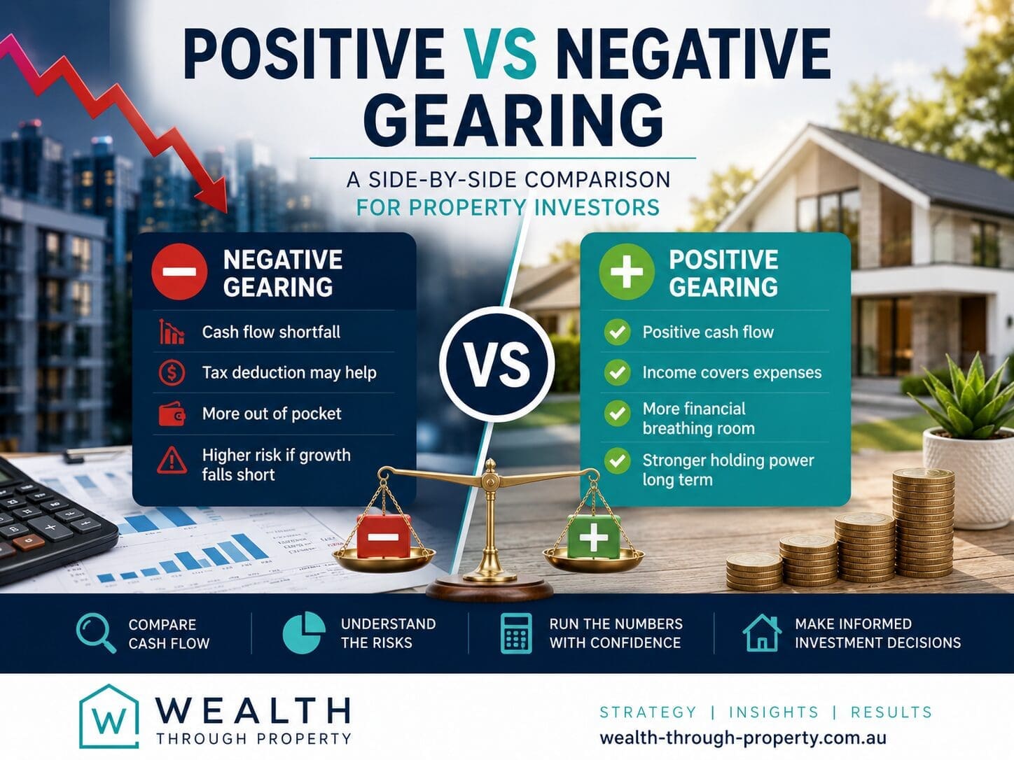 Positive vs negative gearing property comparison graphic showing investment property cash flow, tax and due diligence concepts.