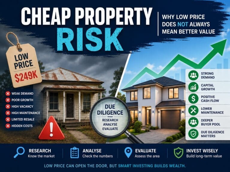 Property investment risk graphic showing a cheap property price tag, checklist, map pins and data cards for demand, yield, maintenance and growth.