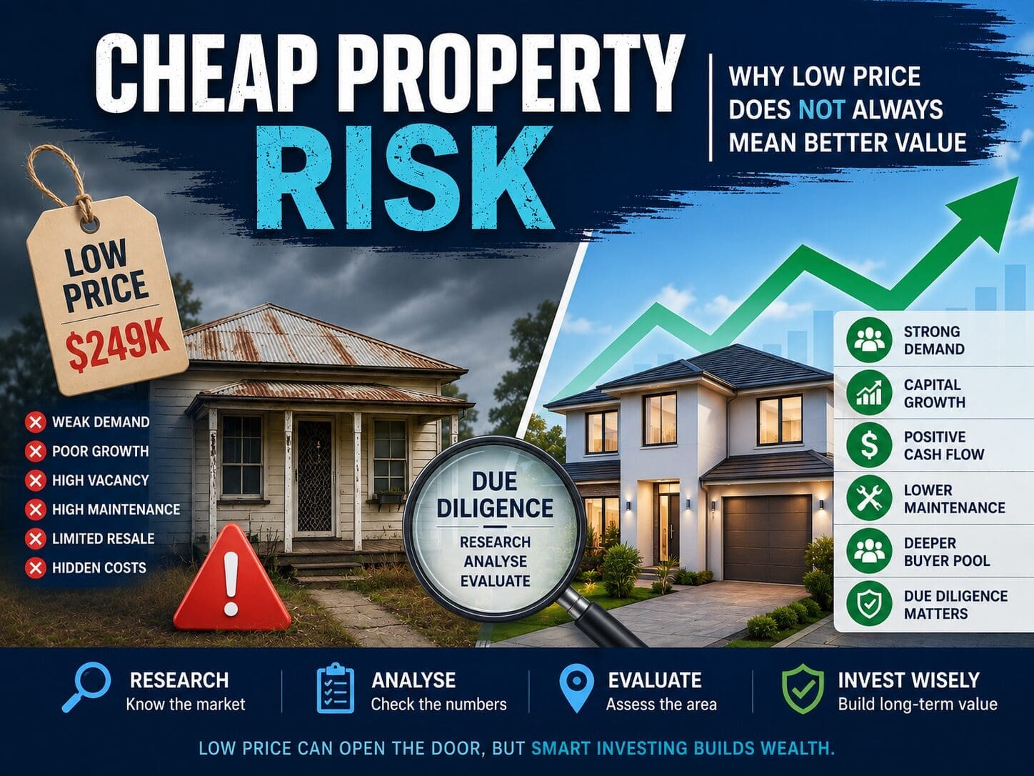 Property investment risk graphic showing a cheap property price tag, checklist, map pins and data cards for demand, yield, maintenance and growth.