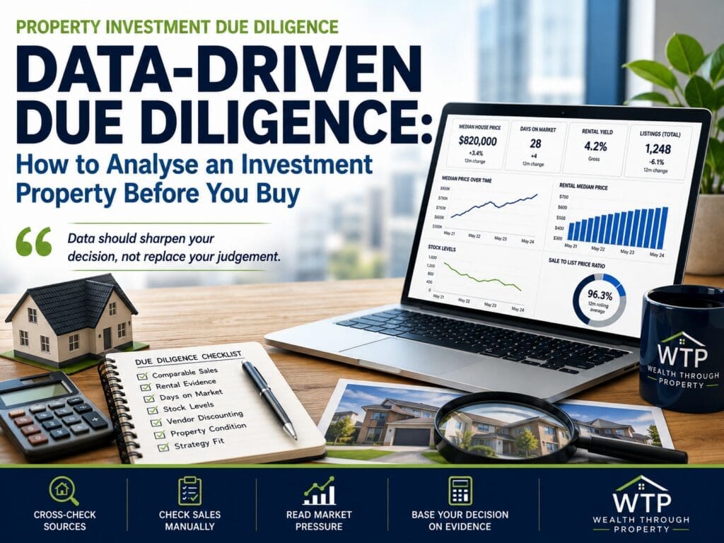 Property investment due diligence desk with house model, market data charts, checklist and magnifying glass.