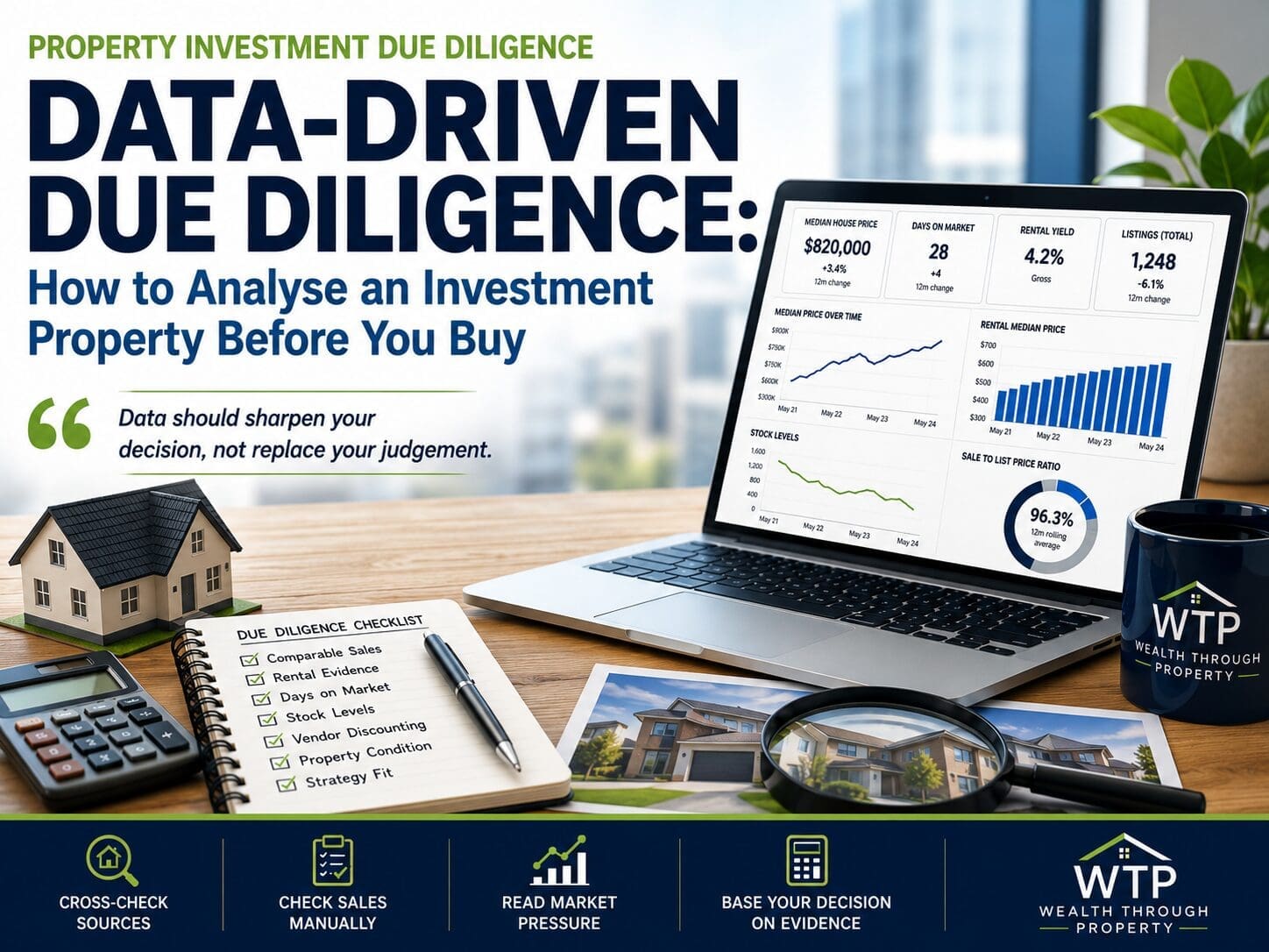 Property investment due diligence desk with house model, market data charts, checklist and magnifying glass.
