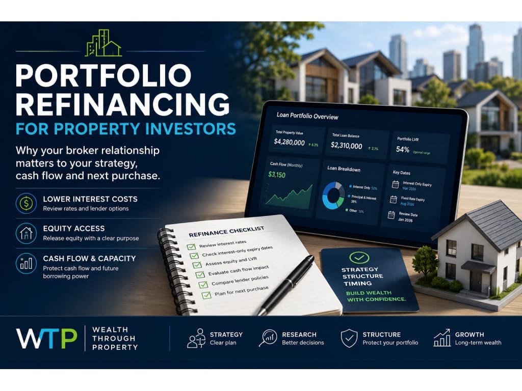 Featured image for a blog about portfolio refinancing for property investors, showing property loan strategy, cash flow and broker review cues in a premium WTP design.