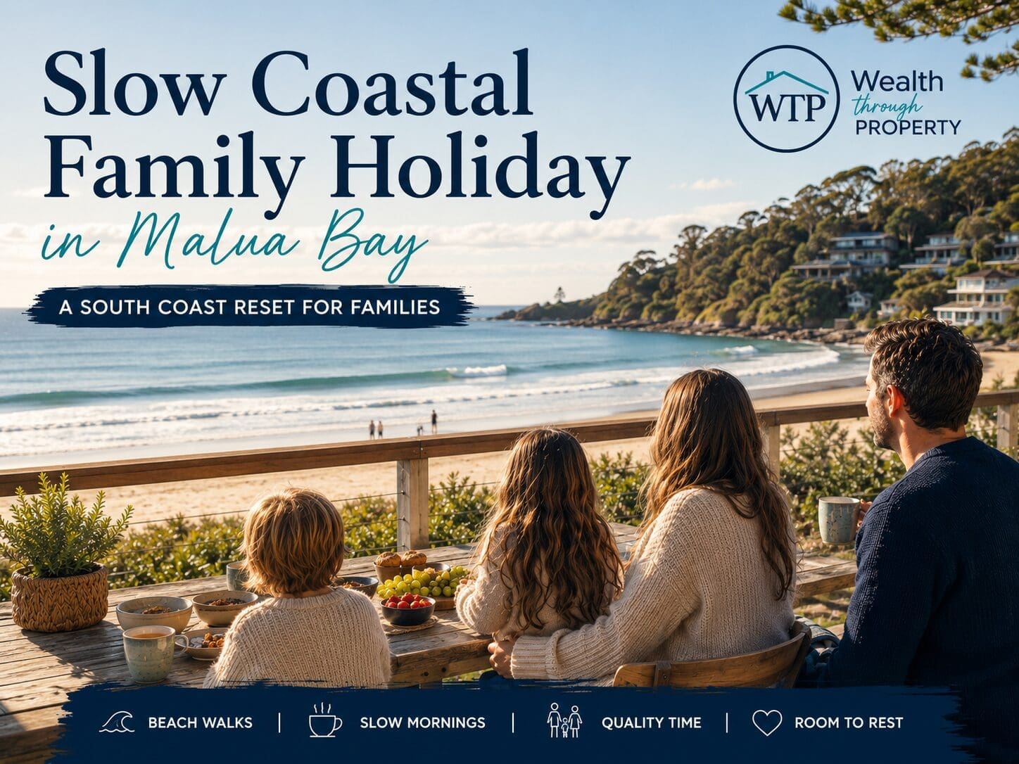 A calm coastal family holiday scene overlooking Malua Bay, showing a relaxed family moment by the beach for a slow South Coast reset.
