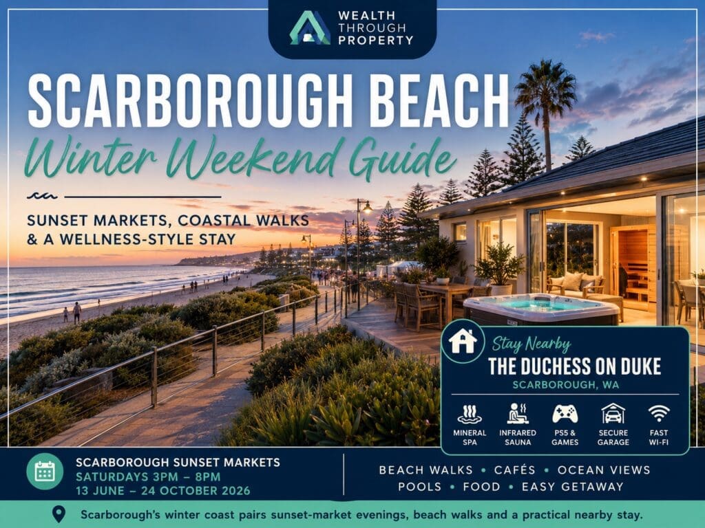 Featured image for a Scarborough Beach winter weekend guide, showing a premium Perth coastal travel style with sunset market lights and a relaxed holiday home feel.
