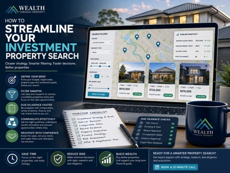 Featured image for a blog about streamlining an investment property search, showing property search filters, map pins, due diligence cards and a structured buying process.