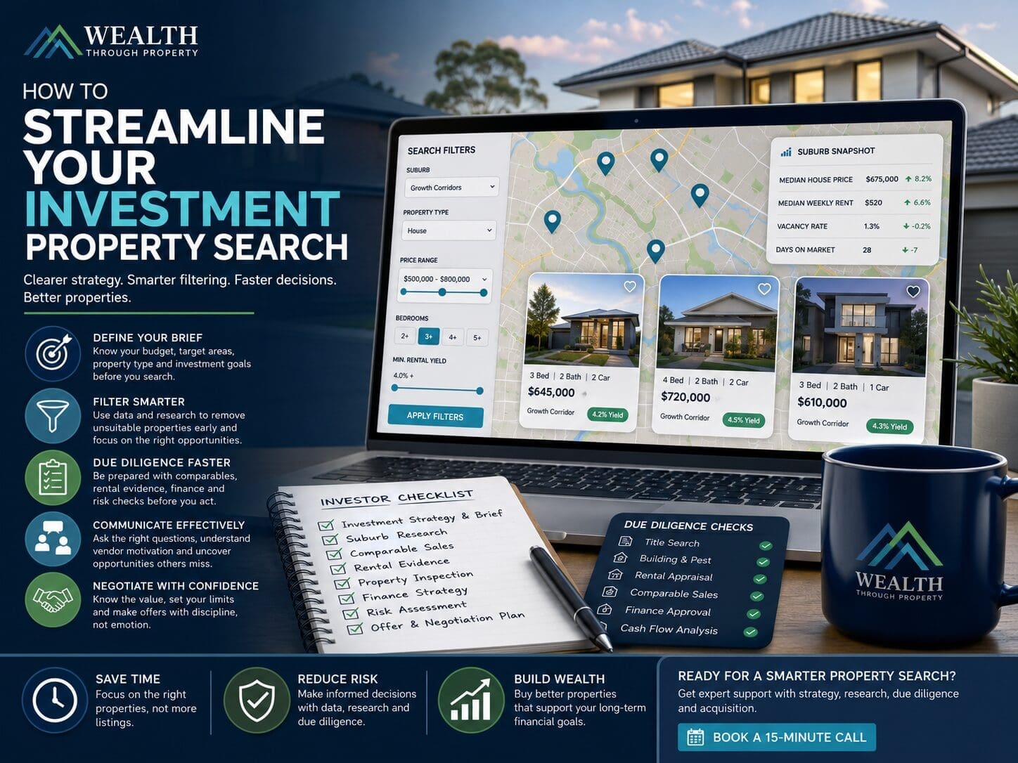 Featured image for a blog about streamlining an investment property search, showing property search filters, map pins, due diligence cards and a structured buying process.