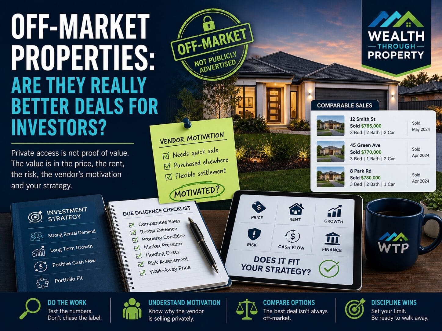 Featured image for a blog about off-market properties, showing a property opportunity being assessed with comparable sales, rental evidence, vendor motivation and due diligence cues.