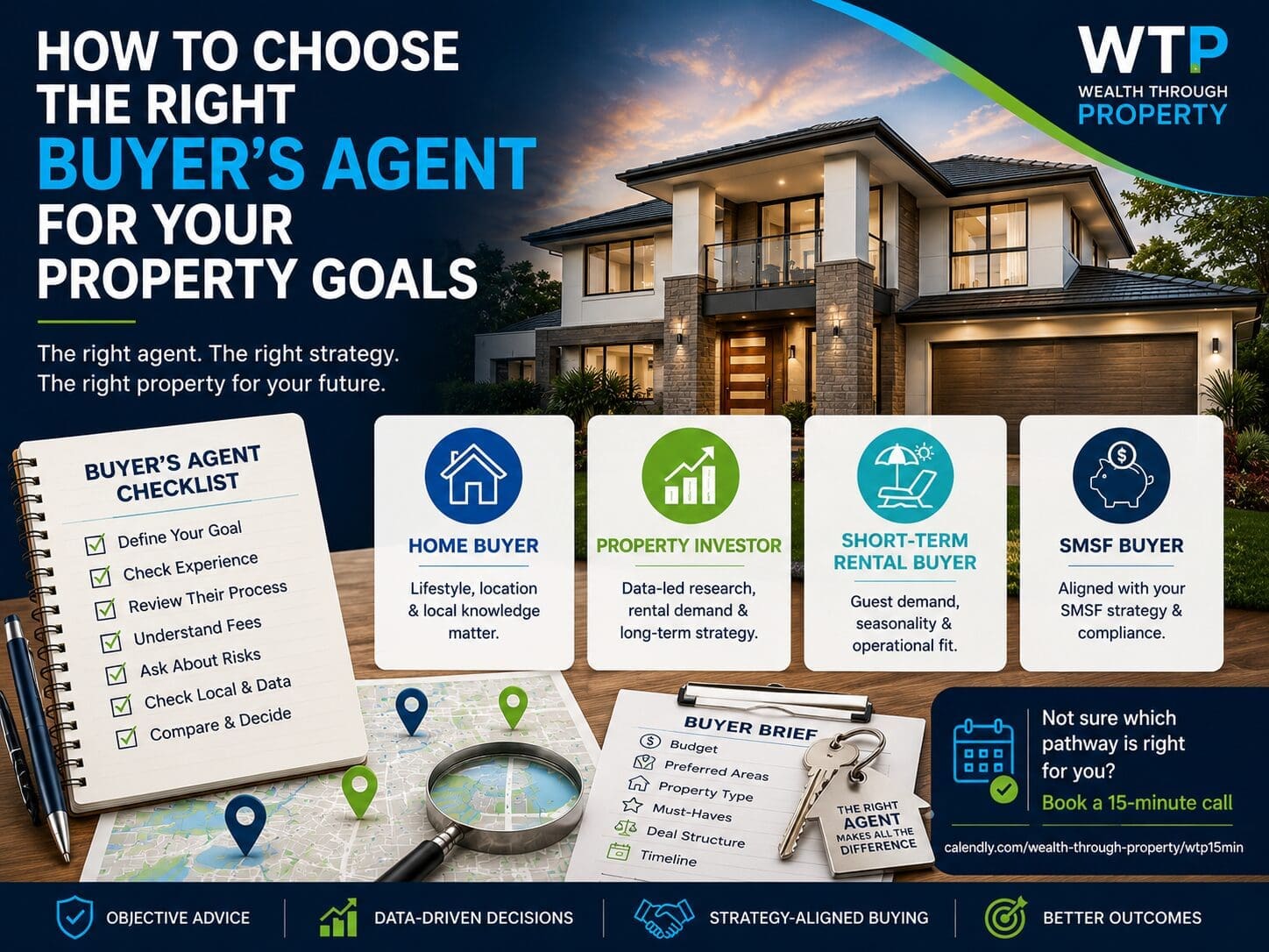 Buyer’s agent strategy graphic showing a home, map pins and checklist for choosing the right property buying support.