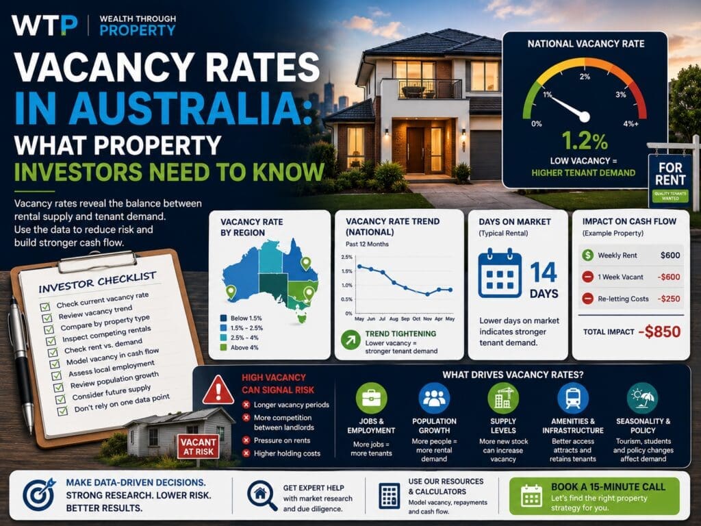 Property investment vacancy rate graphic showing rental demand, vacancy risk, market data and cash-flow impact.