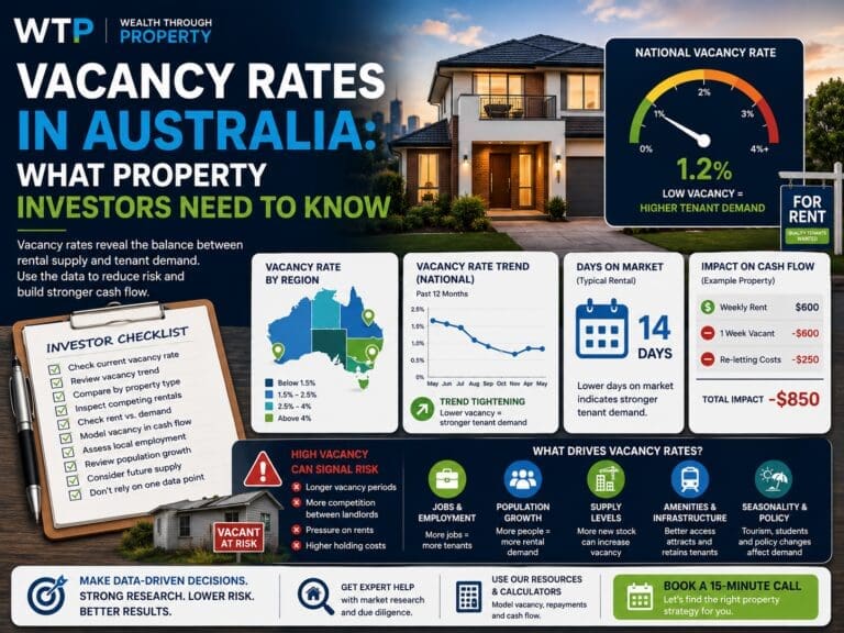 Property investment vacancy rate graphic showing rental demand, vacancy risk, market data and cash-flow impact.