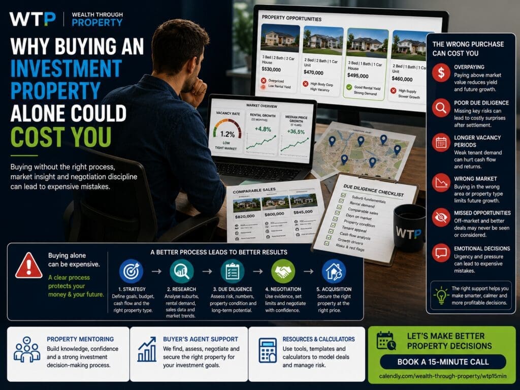 Property investment decision graphic showing a solo investor comparing listings, market data, due diligence risks and buyer support options.