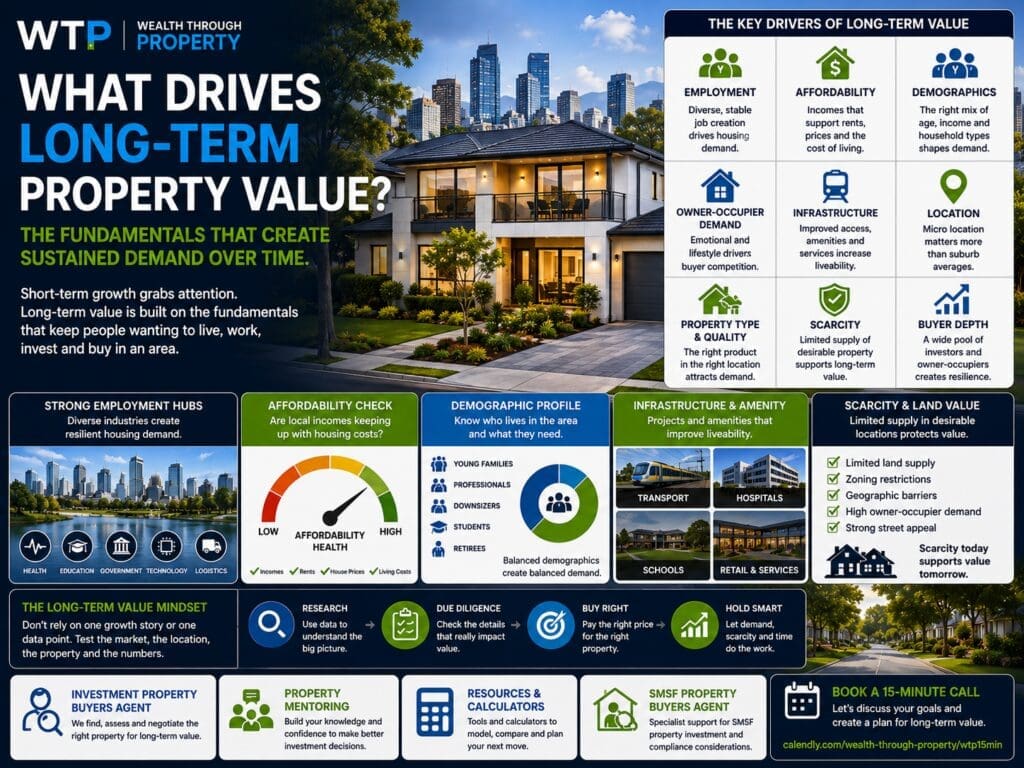 Property investment fundamentals graphic showing long-term value drivers including jobs, affordability, demographics, infrastructure, scarcity and buyer demand.