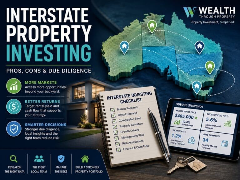 Featured image for a blog about interstate property investing in Australia, showing property strategy, due diligence and map-based investment research cues.