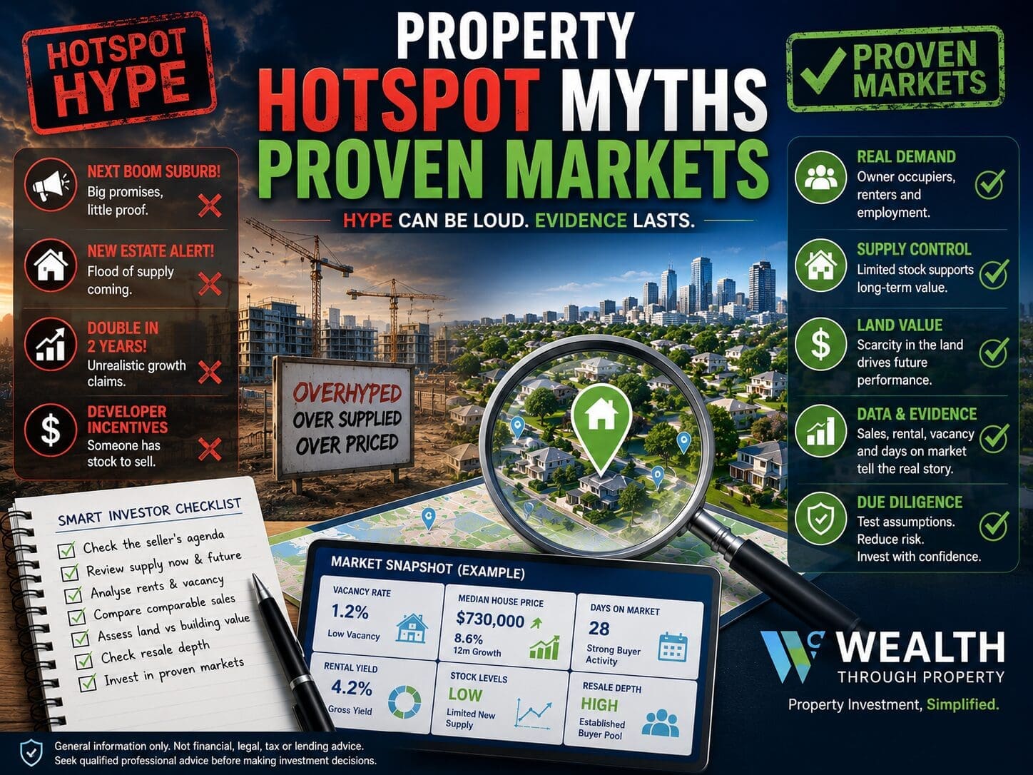 Featured image for a blog about property hotspot myths, showing market hype compared with proven property fundamentals and due diligence evidence.