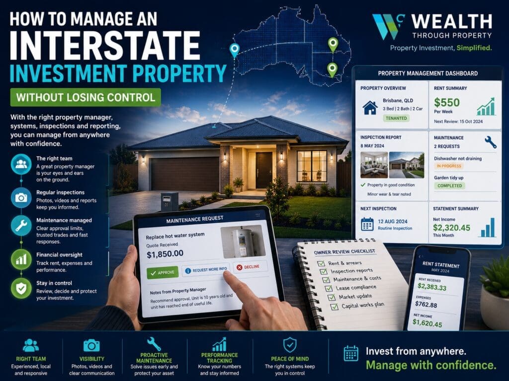 Featured image for a blog about managing an interstate investment property, showing remote owner oversight, property management, inspections and maintenance planning.