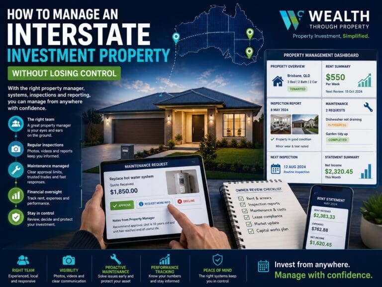 Featured image for a blog about managing an interstate investment property, showing remote owner oversight, property management, inspections and maintenance planning.