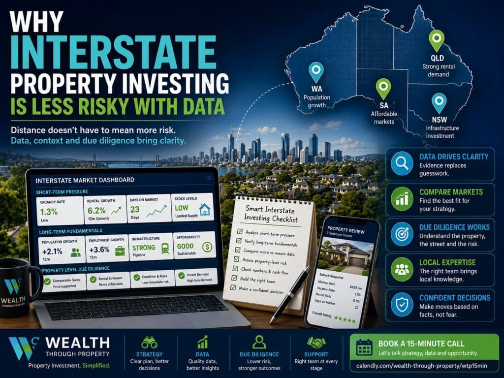 Featured image for a blog about using data to make interstate property investing less risky, showing an Australian map, property research dashboard and due diligence checklist.