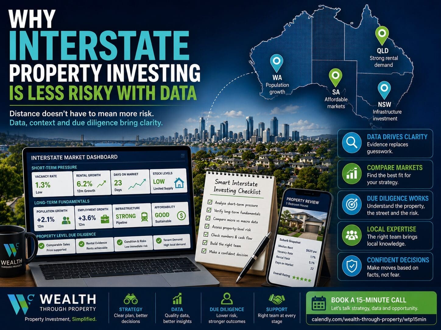 Featured image for a blog about using data to make interstate property investing less risky, showing an Australian map, property research dashboard and due diligence checklist.
