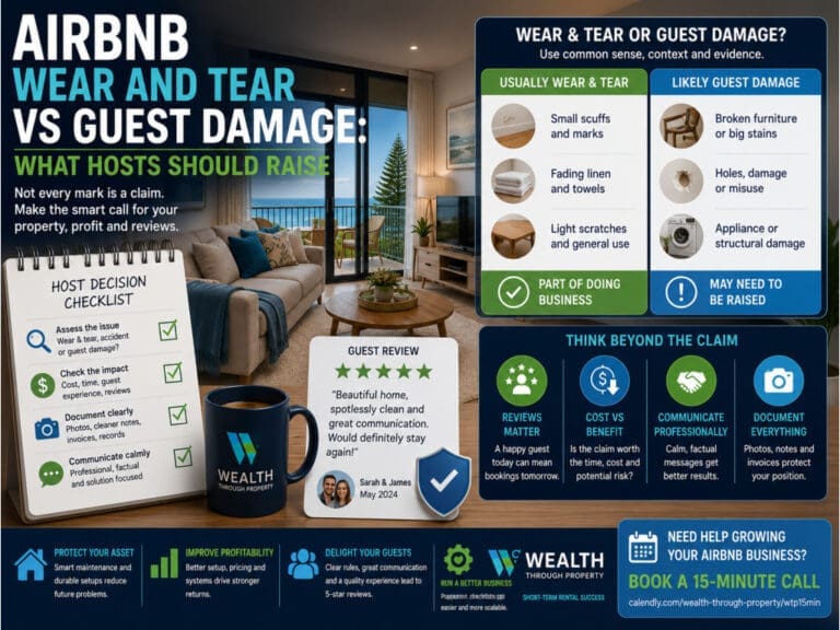 Featured image for a blog about Airbnb wear and tear versus guest damage, showing a host decision checklist, guest review card and short-term rental maintenance cues.