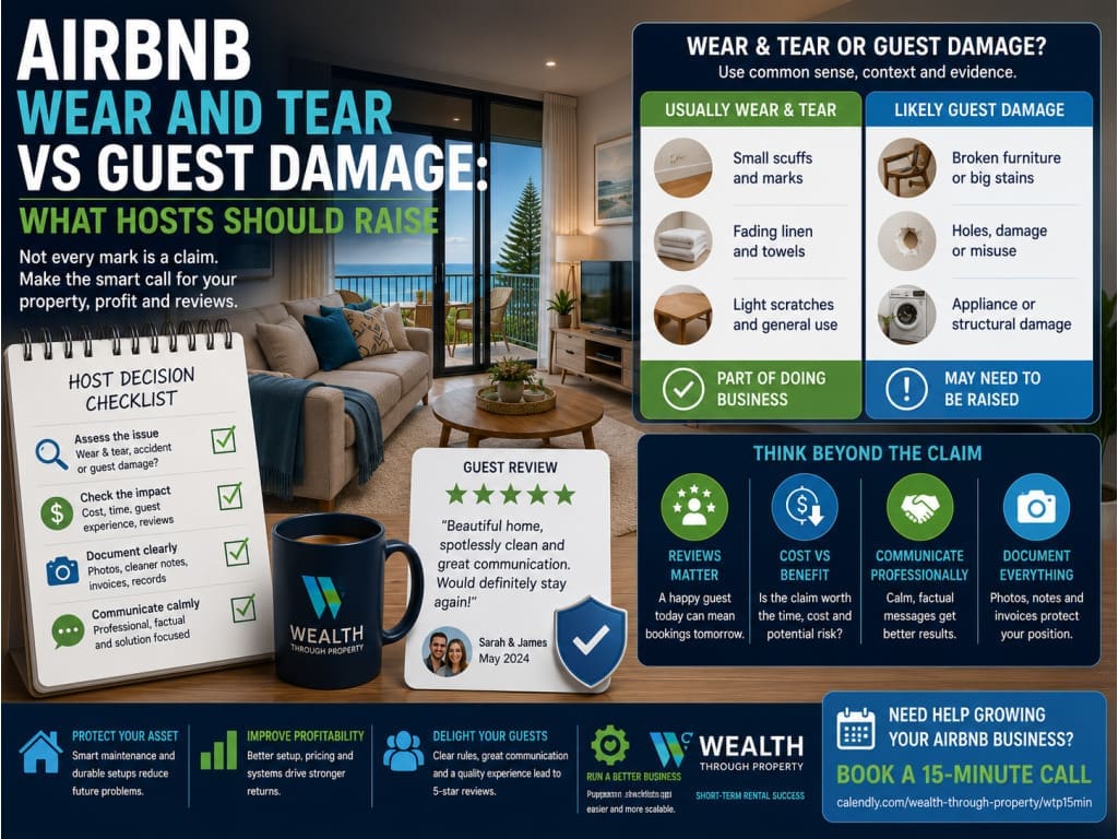 Featured image for a blog about Airbnb wear and tear versus guest damage, showing a host decision checklist, guest review card and short-term rental maintenance cues.