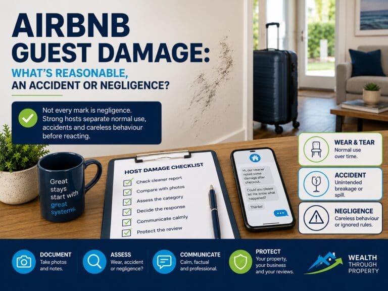 Featured image for a blog about Airbnb guest damage, showing a short-term rental damage checklist with luggage, cleaning notes and host assessment cues.