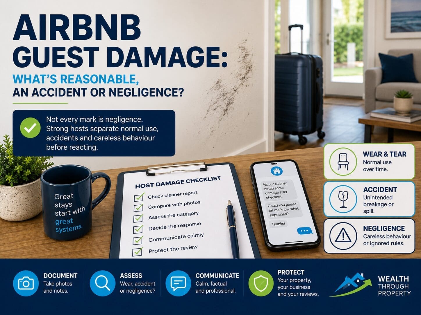 Featured image for a blog about Airbnb guest damage, showing a short-term rental damage checklist with luggage, cleaning notes and host assessment cues.