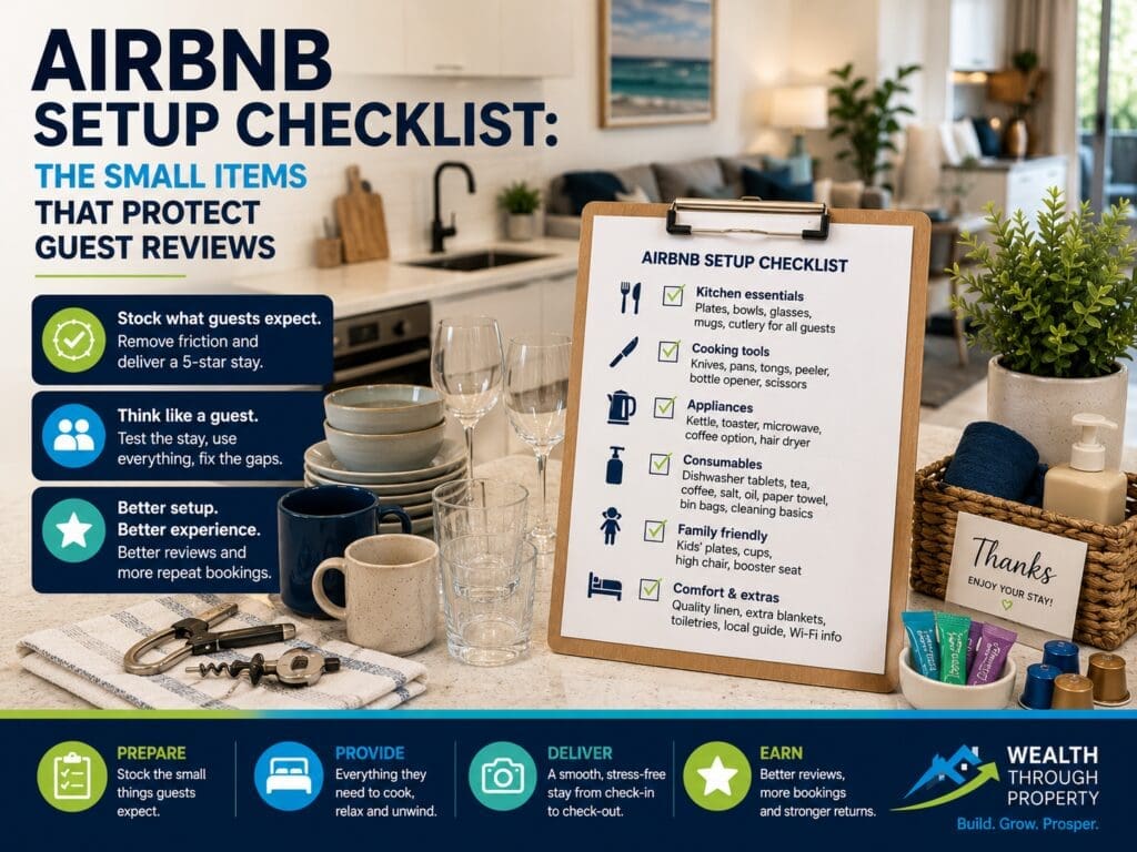 Featured image for an Airbnb setup checklist blog showing kitchen essentials, guest items and a short-term rental review checklist.