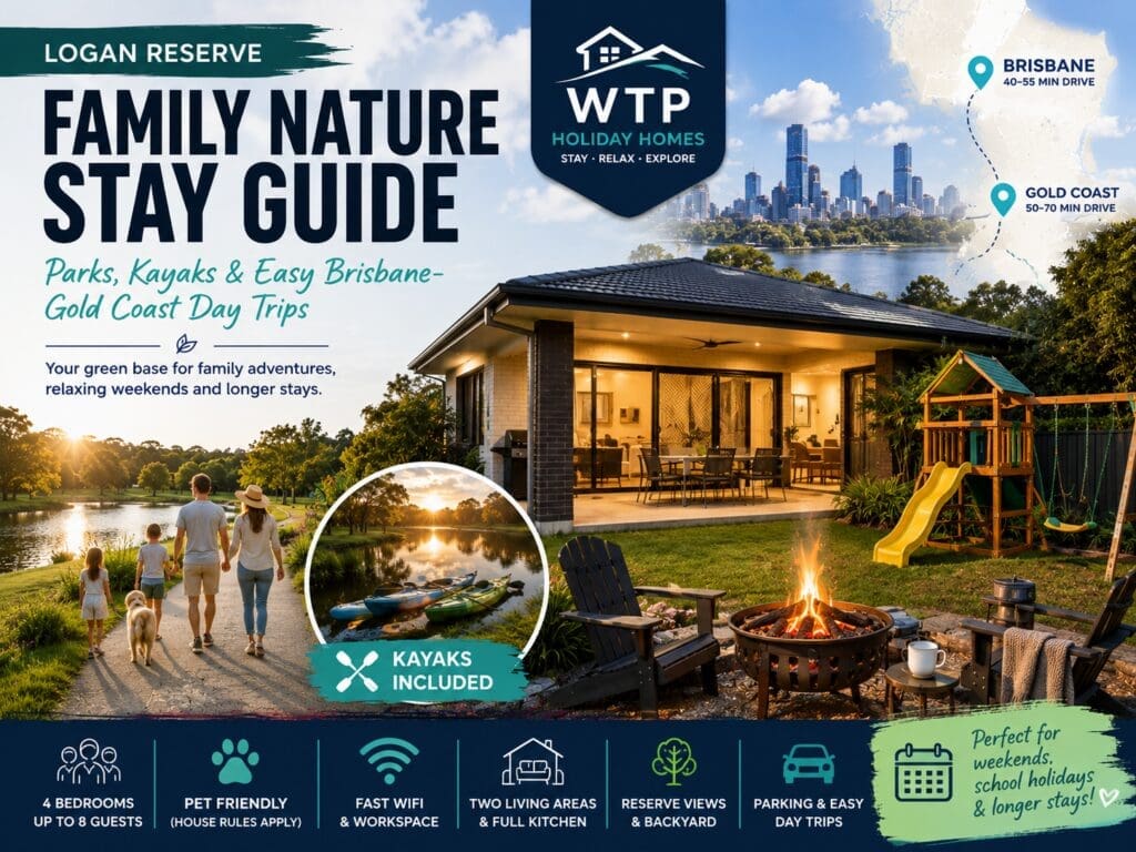 Featured image for a Logan Reserve family nature stay guide, showing a green holiday-home setting with lake, kayak and family-friendly travel cues.