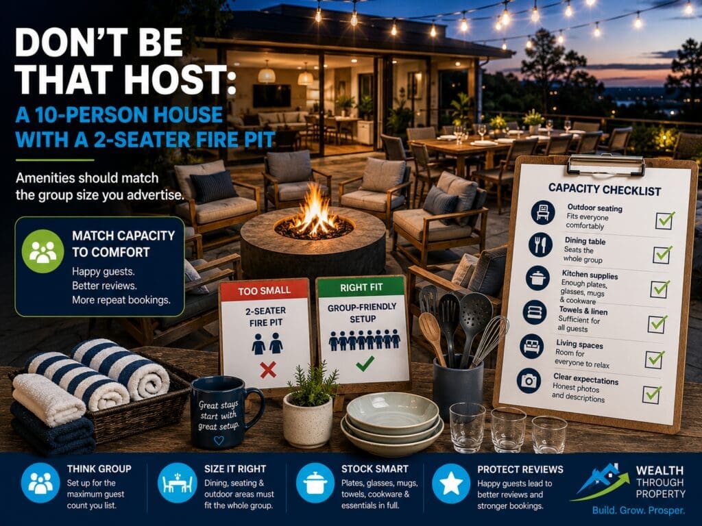 Featured image for an Airbnb guest capacity blog showing group-friendly amenities, outdoor seating and a short-term rental setup checklist.