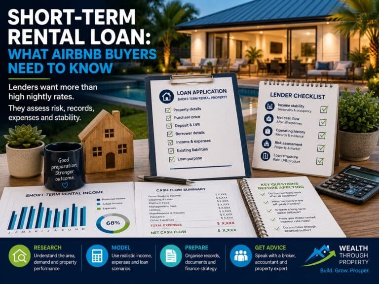 Featured image for a short-term rental loan blog showing an Airbnb property, loan application checklist and rental income assessment documents.