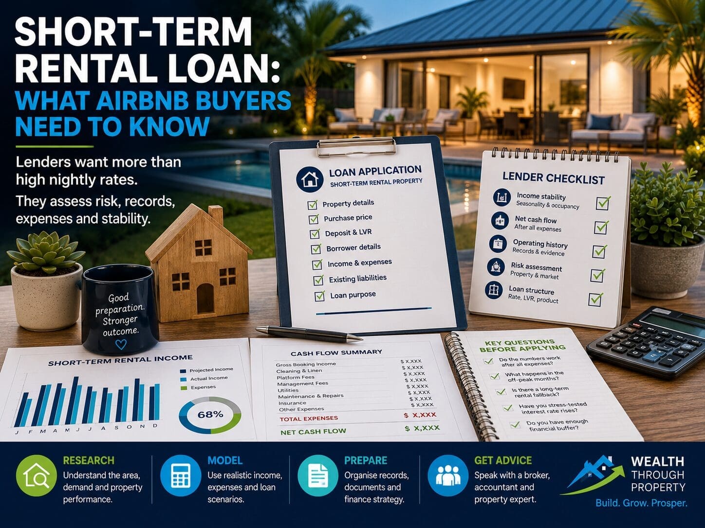 Featured image for a short-term rental loan blog showing an Airbnb property, loan application checklist and rental income assessment documents.
