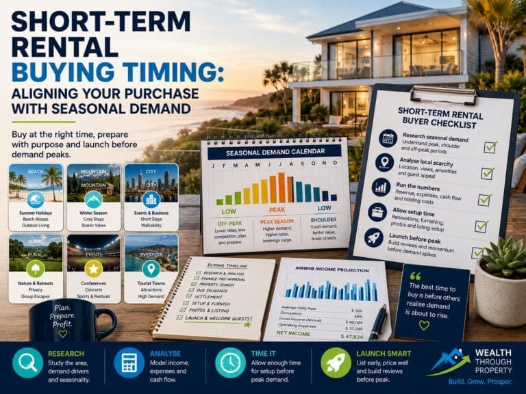 Featured image for a short-term rental buying timing blog showing a seasonal demand calendar, Airbnb property cards and purchase preparation checklist.