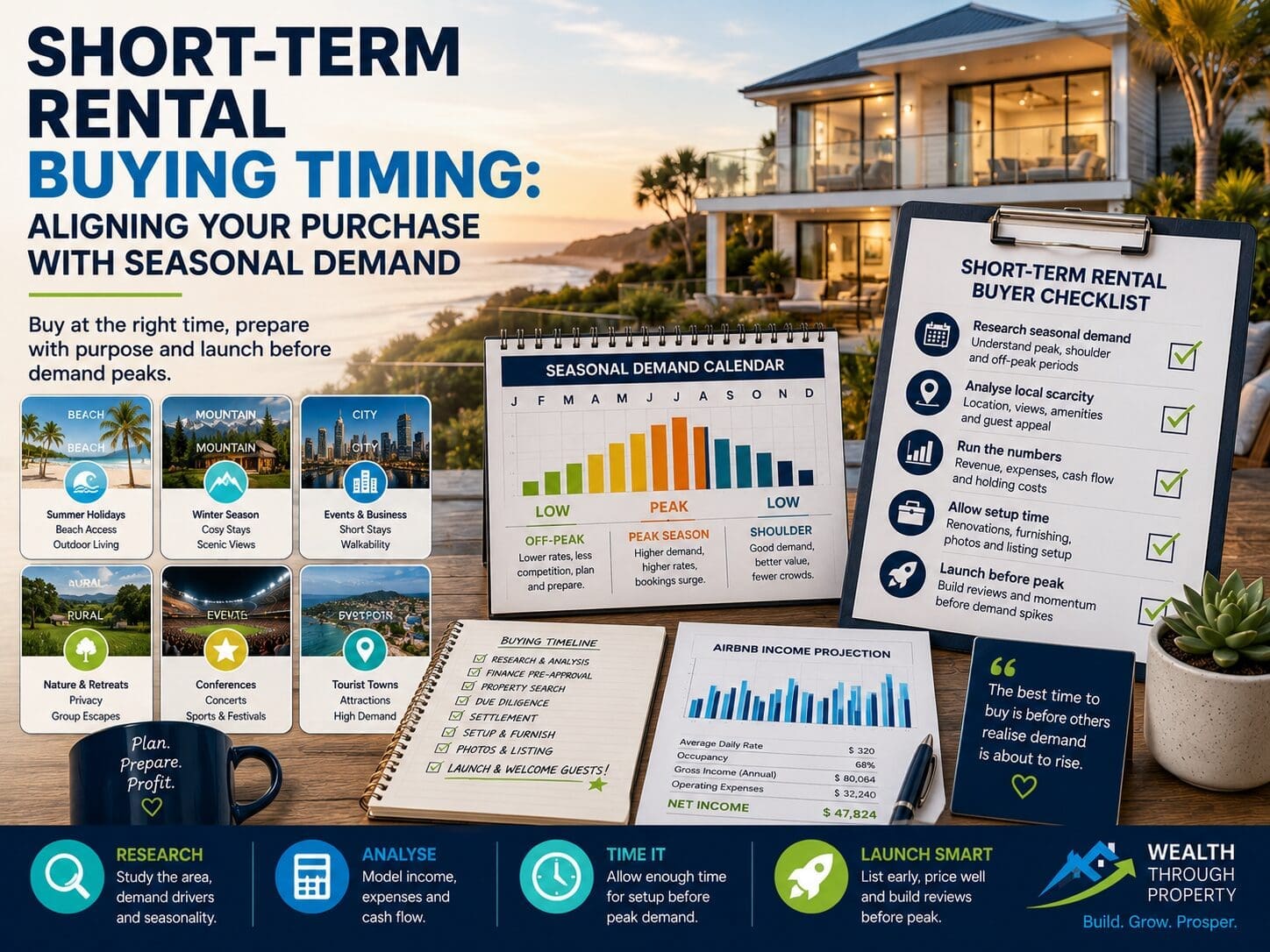 Featured image for a short-term rental buying timing blog showing a seasonal demand calendar, Airbnb property cards and purchase preparation checklist.