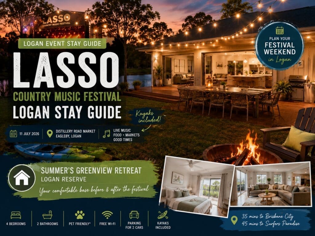 Featured image for a Logan event stay guide about Lasso Country Music Festival and Summer’s Greenview Retreat in Logan Reserve.