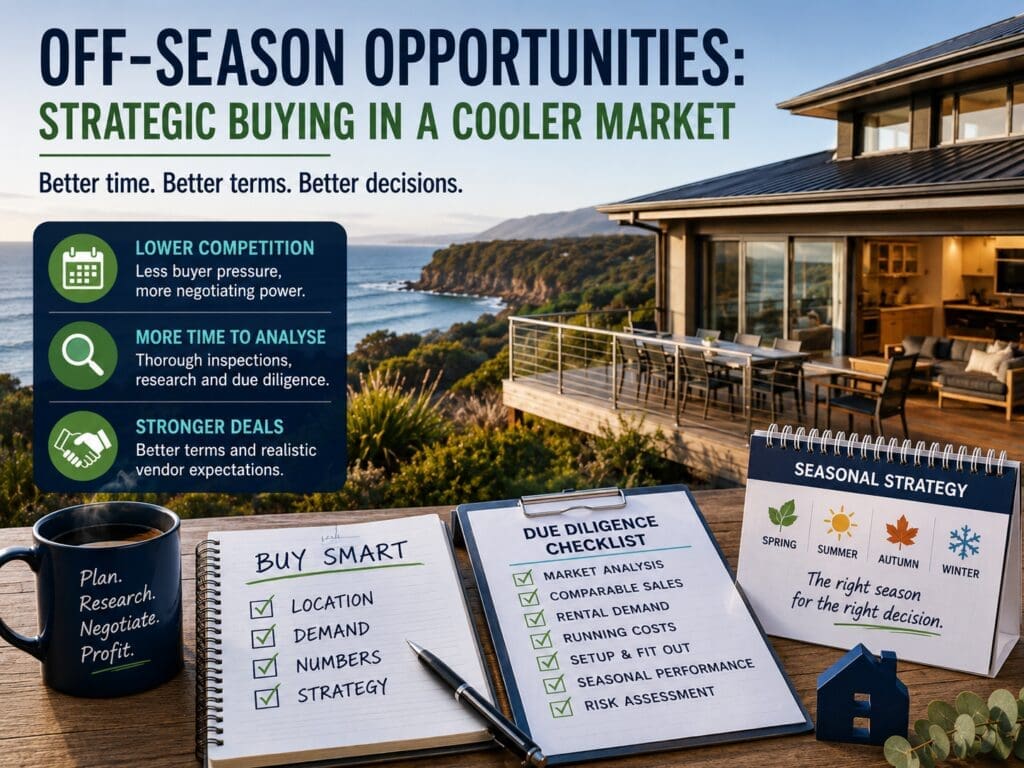 Featured image for a blog about off-season property buying and short-term rental investment strategy, showing seasonal timing, property due diligence and negotiation cues.