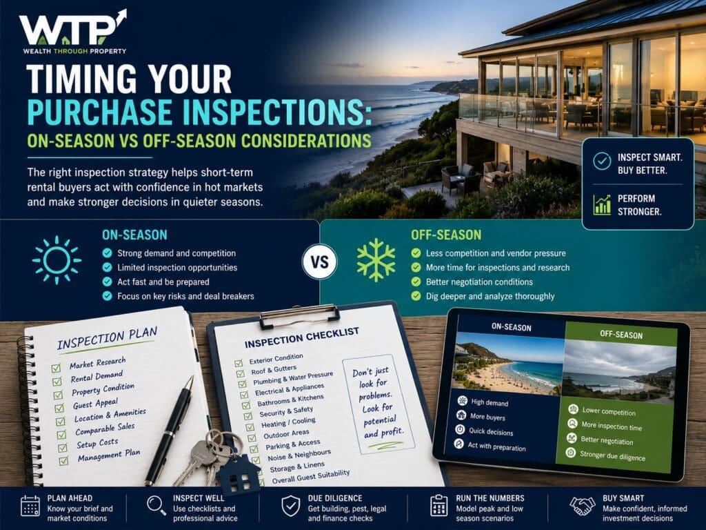 Featured image for a blog about timing purchase inspections for short-term rental properties in on-season and off-season markets.