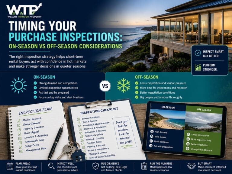 Featured image for a blog about timing purchase inspections for short-term rental properties in on-season and off-season markets.