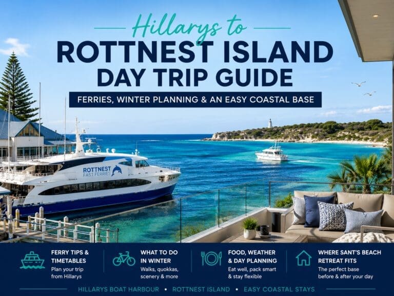 Featured image for a Hillarys to Rottnest Island day trip guide, showing a premium Perth coastal ferry and holiday home travel style.