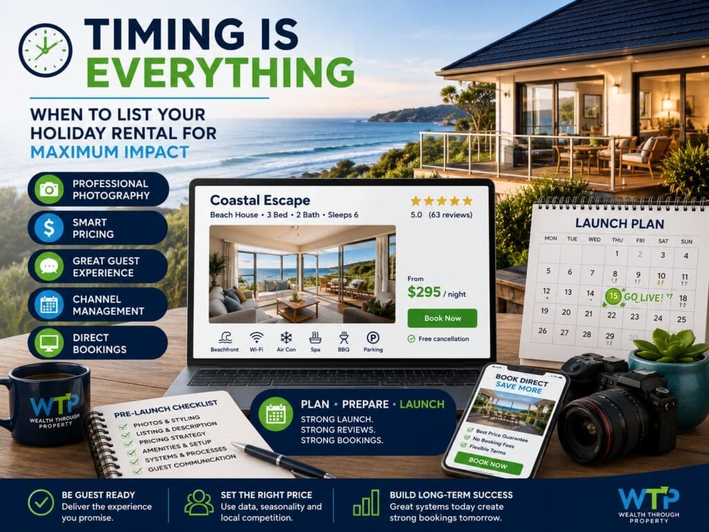 Featured image for a blog about when to list a holiday rental, showing a short-term-rental launch plan with photography, pricing, reviews and channel management cues.
