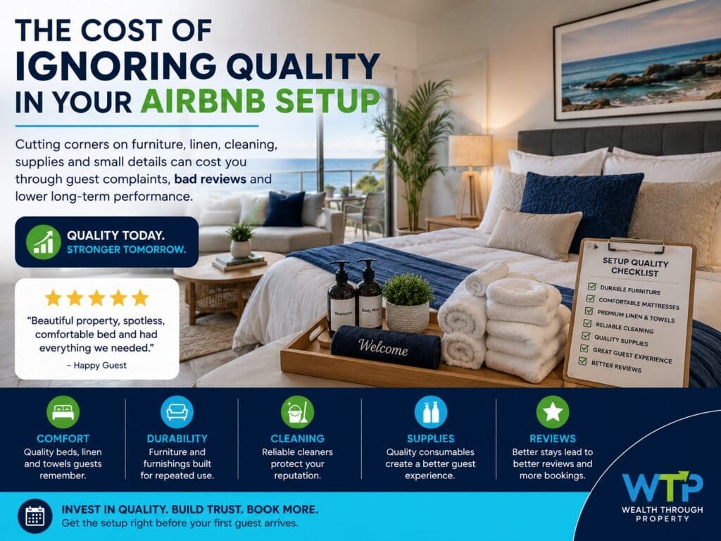 Featured image for a blog about Airbnb setup quality, showing a premium short-term rental bedroom with durable furniture, quality linen, cleaning checklist and guest review cues.