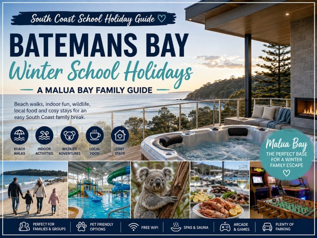 Featured image for a Batemans Bay winter school holidays guide, showing a Malua Bay South Coast family holiday style with beach, indoor activities and cosy accommodation cues.