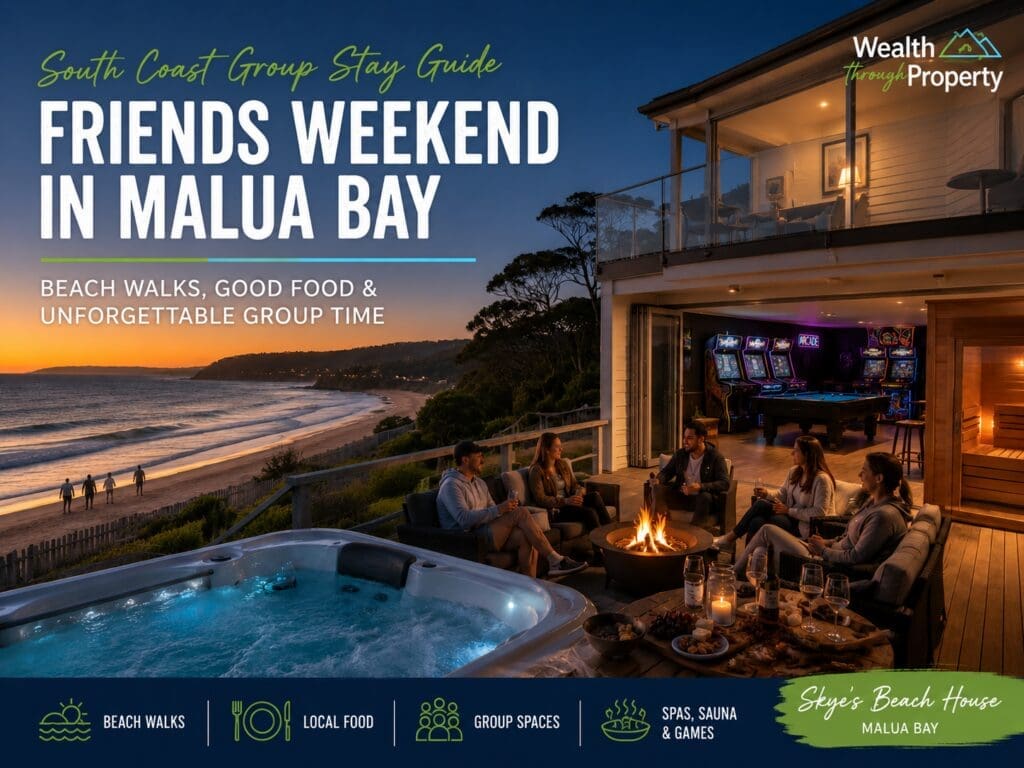 Featured image for a Malua Bay friends weekend guide, showing a premium South Coast coastal gathering style with beach, group stay and relaxed winter getaway cues.