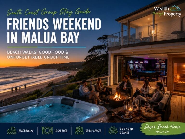 Featured image for a Malua Bay friends weekend guide, showing a premium South Coast coastal gathering style with beach, group stay and relaxed winter getaway cues.