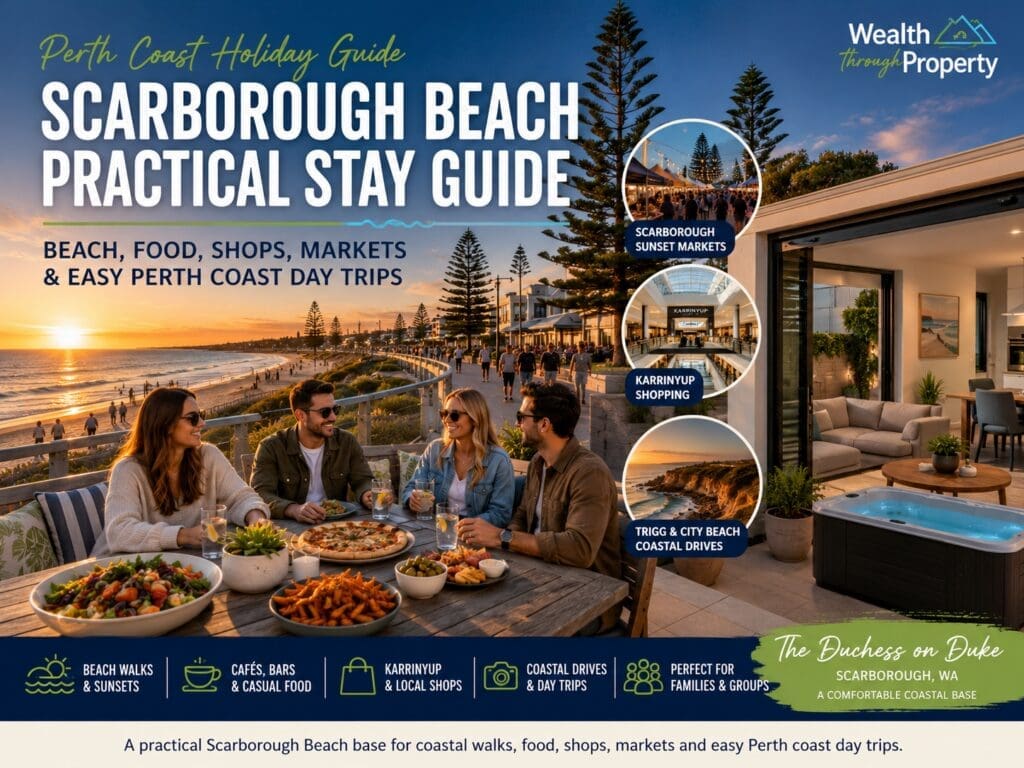 Featured image for a Scarborough Beach practical stay guide, showing Perth coast sunset, foreshore, food, shops and a comfortable coastal base.