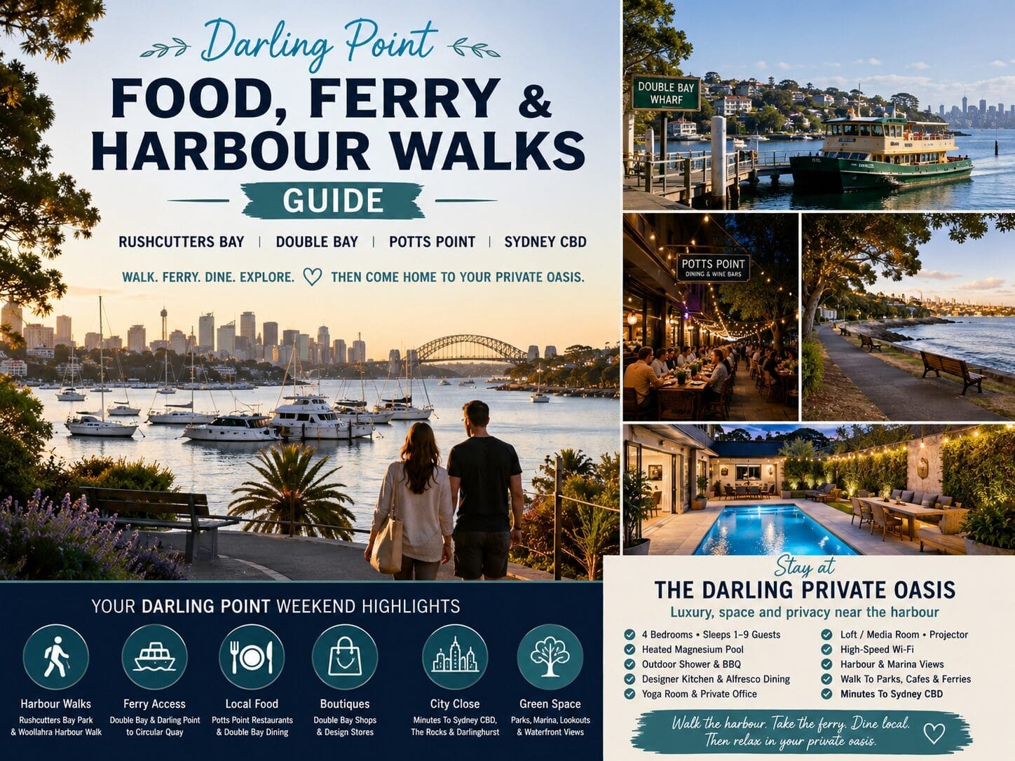 Featured image for a Darling Point food, ferry and harbour walks guide, showing Rushcutters Bay marina, Double Bay ferry access, Potts Point dining and a private Sydney pool retreat.