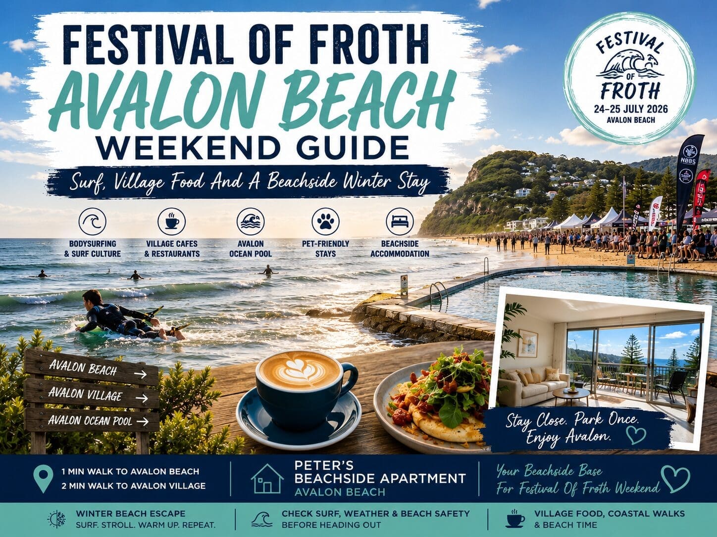 Featured image for a Festival of Froth Avalon Beach weekend guide, showing a premium Northern Beaches coastal event style with surf, beach and village cues.