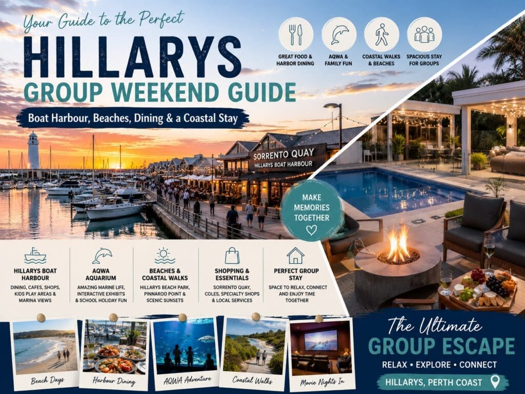 Featured image for a Hillarys group weekend guide, showing Hillarys Boat Harbour, beach walks, marina dining, AQWA and a spacious coastal stay for families or friends.